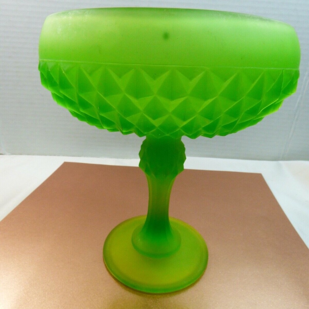 Indiana Glass Candy Dish Pedestal Bowl Green Footed Frosted Diamond Point
